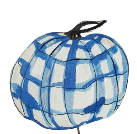 Beck’s Blue &amp; White decorative metal pumpkin with a blue and white watercolor plaid pattern and dark stem.