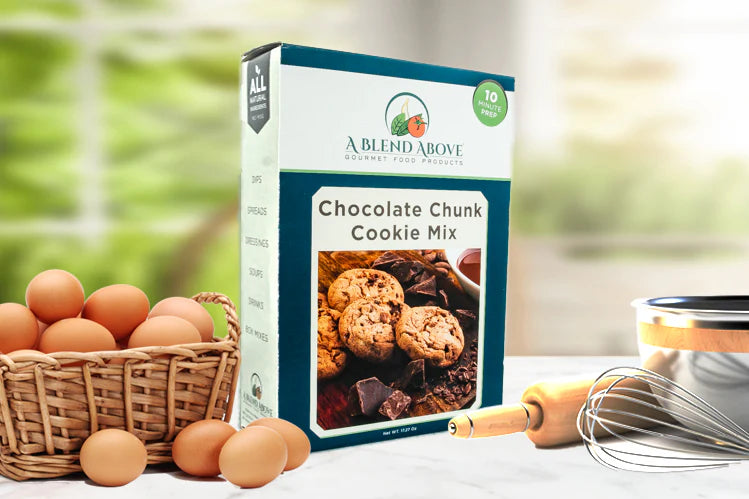 Chocolate Chunk Cookie Mix box displayed on a counter; available in multiple sizes.