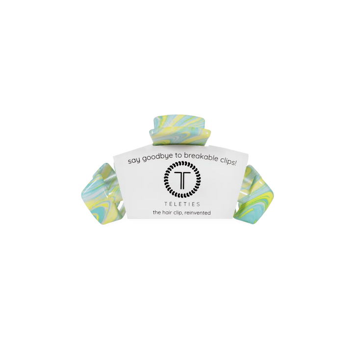 Classic Tiny Claw Clip in blue, green, and yellow tie dye. Available in tiny size.