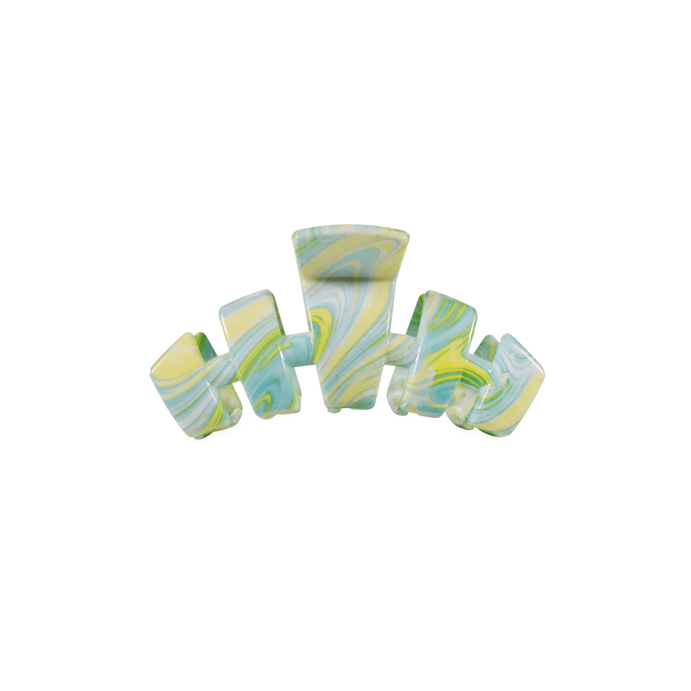 The Classic Tiny Claw Clip | Summer Tie Dye Edition has a wavy marbled green, yellow, and blue pattern. Available in tiny size.