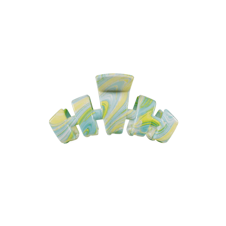 The Classic Tiny Claw Clip | Summer Tie Dye Edition has a wavy marbled green, yellow, and blue pattern. Available in tiny size.