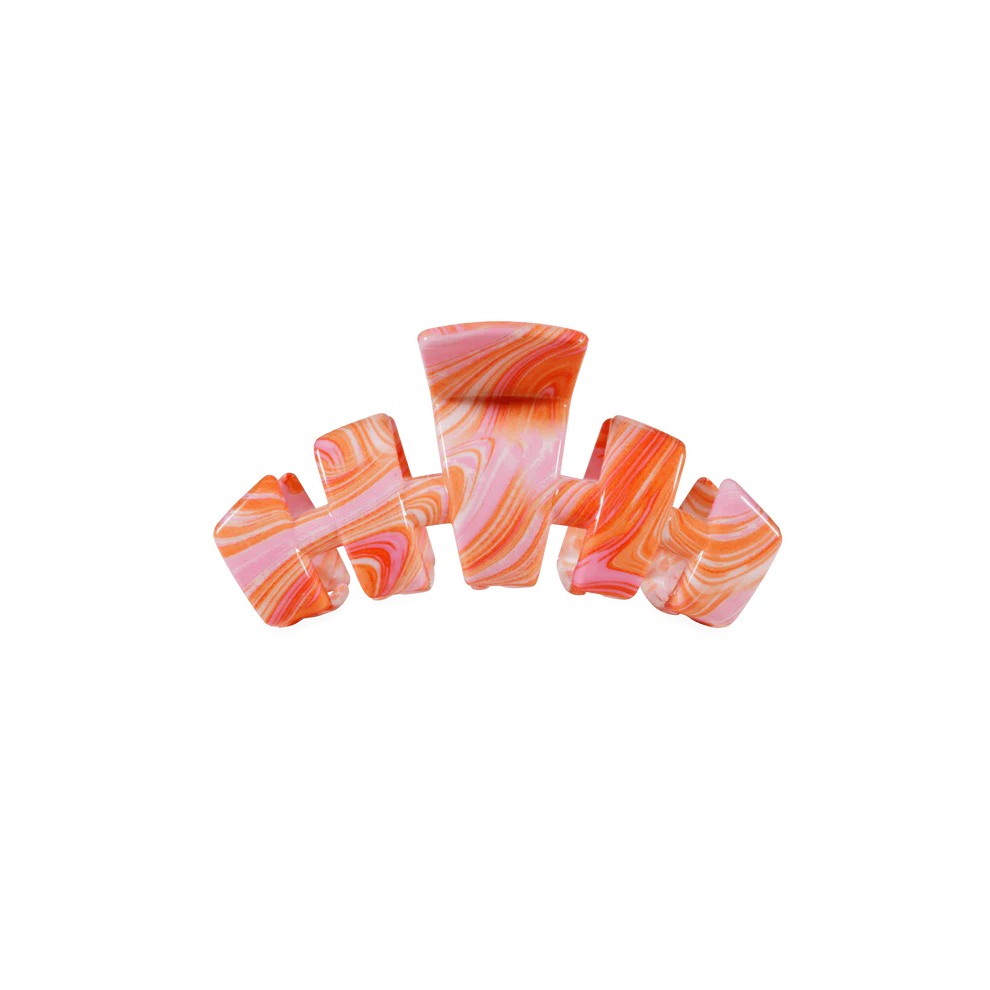 Classic Tiny Claw Clip | Summer Tie Dye Edition: marbled orange, pink, white; interlocking prongs. Available in tiny size.