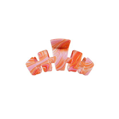 Classic Tiny Claw Clip | Summer Tie Dye Edition: marbled orange, pink, white; interlocking prongs. Available in tiny size.