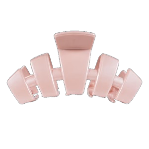 TELETIES Classic Hair Clip: Pink rectangular center, four curved prongs per side, black background. Sizes: Small, Large.