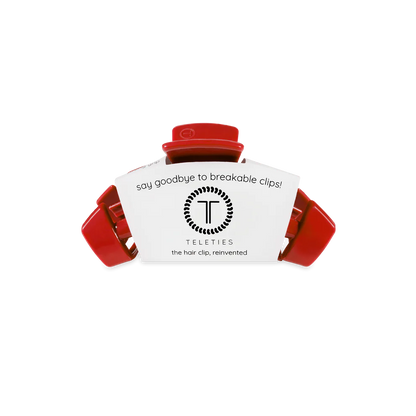 Classic Red Carpet Ready Tiny Claw Clip—durable red hair accessory, labeled “say goodbye to breakable clips!” Available in tiny size.