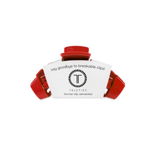 Classic Red Carpet Ready Tiny Claw Clip—durable red hair accessory, labeled “say goodbye to breakable clips!” Available in tiny size.