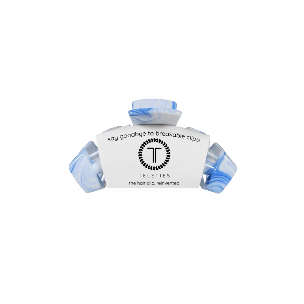 Classic Tiny Claw Clip | Summer Tie Dye: blue and white tie-dye, Teleties logo, tagline. Available in tiny size.
