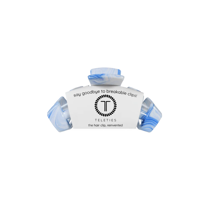 Classic Tiny Claw Clip | Summer Tie Dye: blue and white tie-dye, Teleties logo, tagline. Available in tiny size.