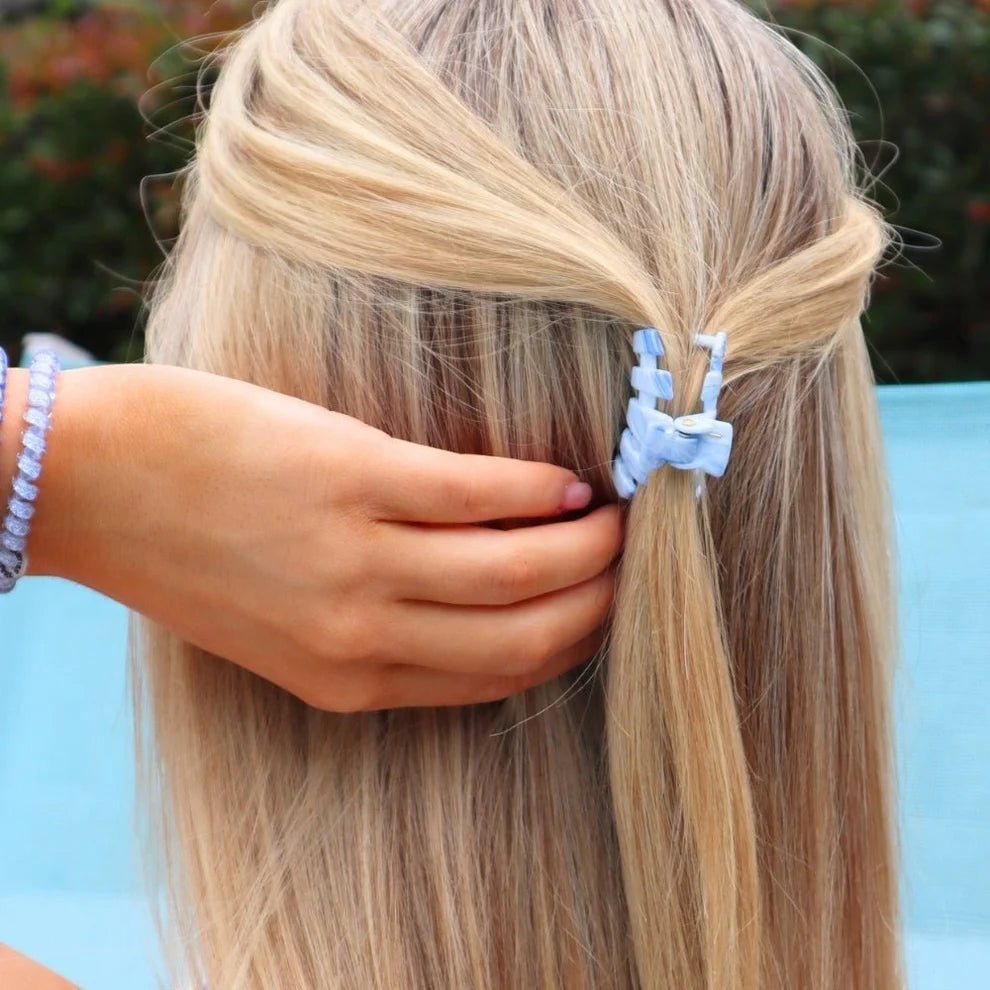 Classic Tiny Claw Clip | Summer Tie Dye Edition shown in use; available in small sizes.