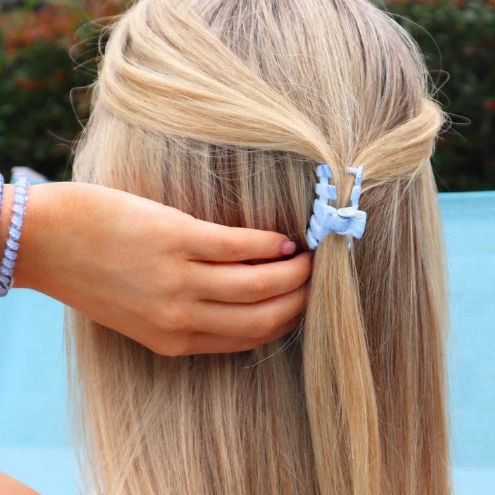 Classic Tiny Claw Clip | Summer Tie Dye Edition shown in use; available in small sizes.