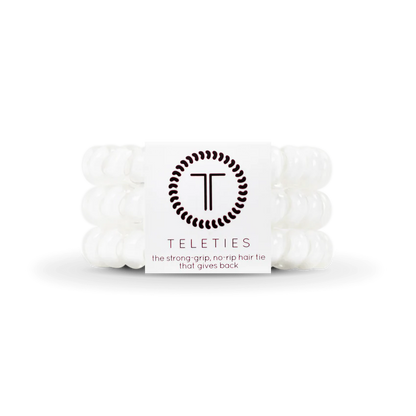 Three transparent spiral hair ties with strong grip and no-rip design. Available sizes: Small, Large.
