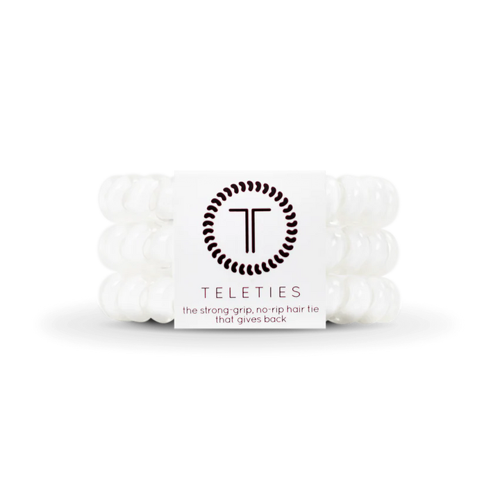 Three transparent spiral hair ties with strong grip and no-rip design. Available sizes: Small, Large.