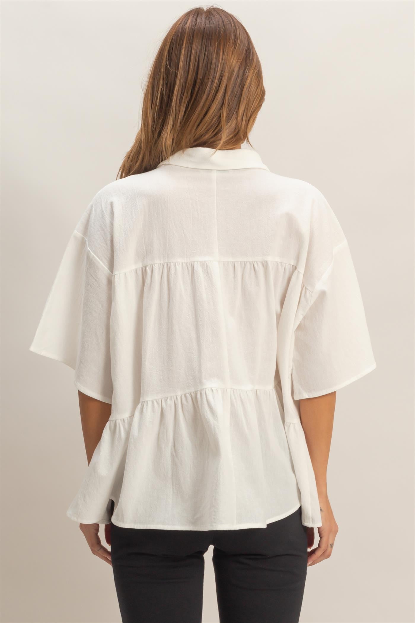 Button-Front Tiered Top: loose-fit, short sleeves, gathered tiers, cotton. Available in sizes XS–XXL.