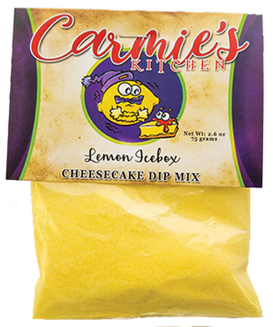 Lemon Ice Box Cheesecake Dip: yellow mix in a package with lemon and cheesecake art; available in 8oz and 16oz sizes.