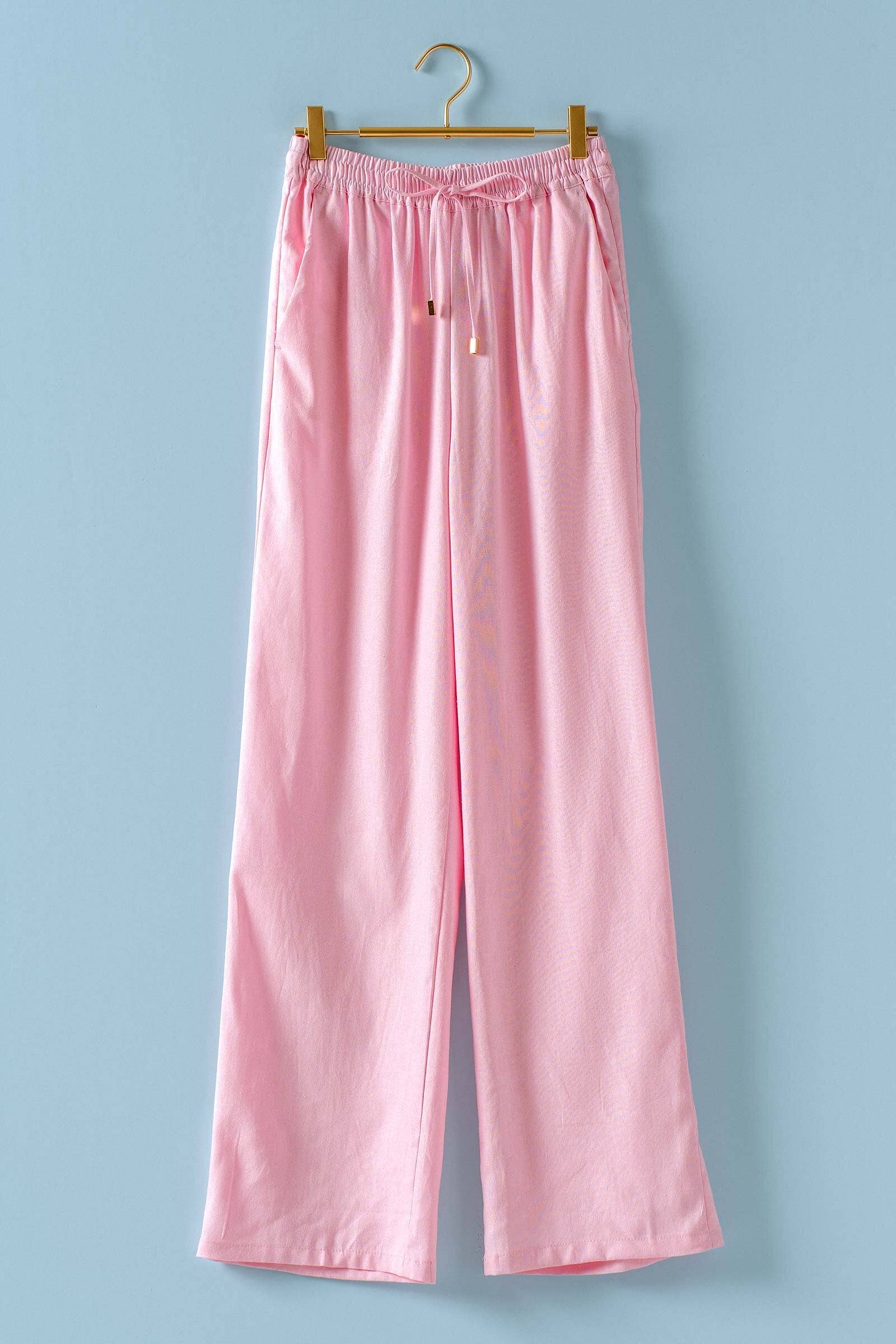 Mint Jelly Linen Blend Wide Leg Drawstring Pants with elastic waistband; available in sizes XS-XL.