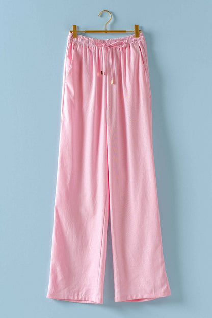 Mint Jelly Linen Blend Wide Leg Drawstring Pants with elastic waistband; available in sizes XS-XL.