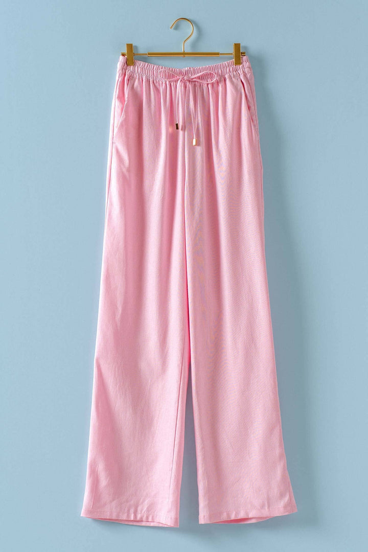 Mint Jelly Linen Blend Wide Leg Drawstring Pants with elastic waistband; available in sizes XS-XL.