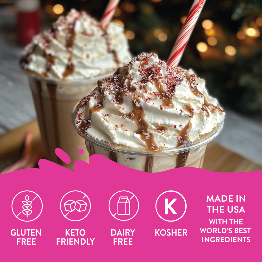 Sugar Free Holiday Delicious Drizzle Sauce Trio iced coffee, topped with whipped cream, drizzle, and peppermint sprinkles, marked gluten-free, keto-friendly, dairy-free, kosher, and made in the USA.