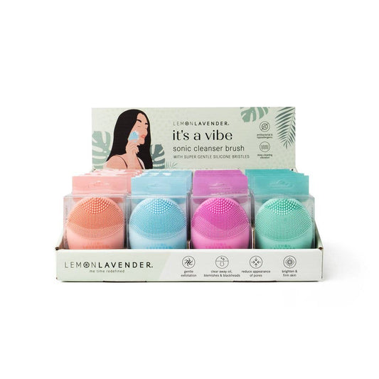 Lemon Lavender It's a Vibe Sonic Cleanser Brushes in pink, blue, purple, and green; available in standard size.