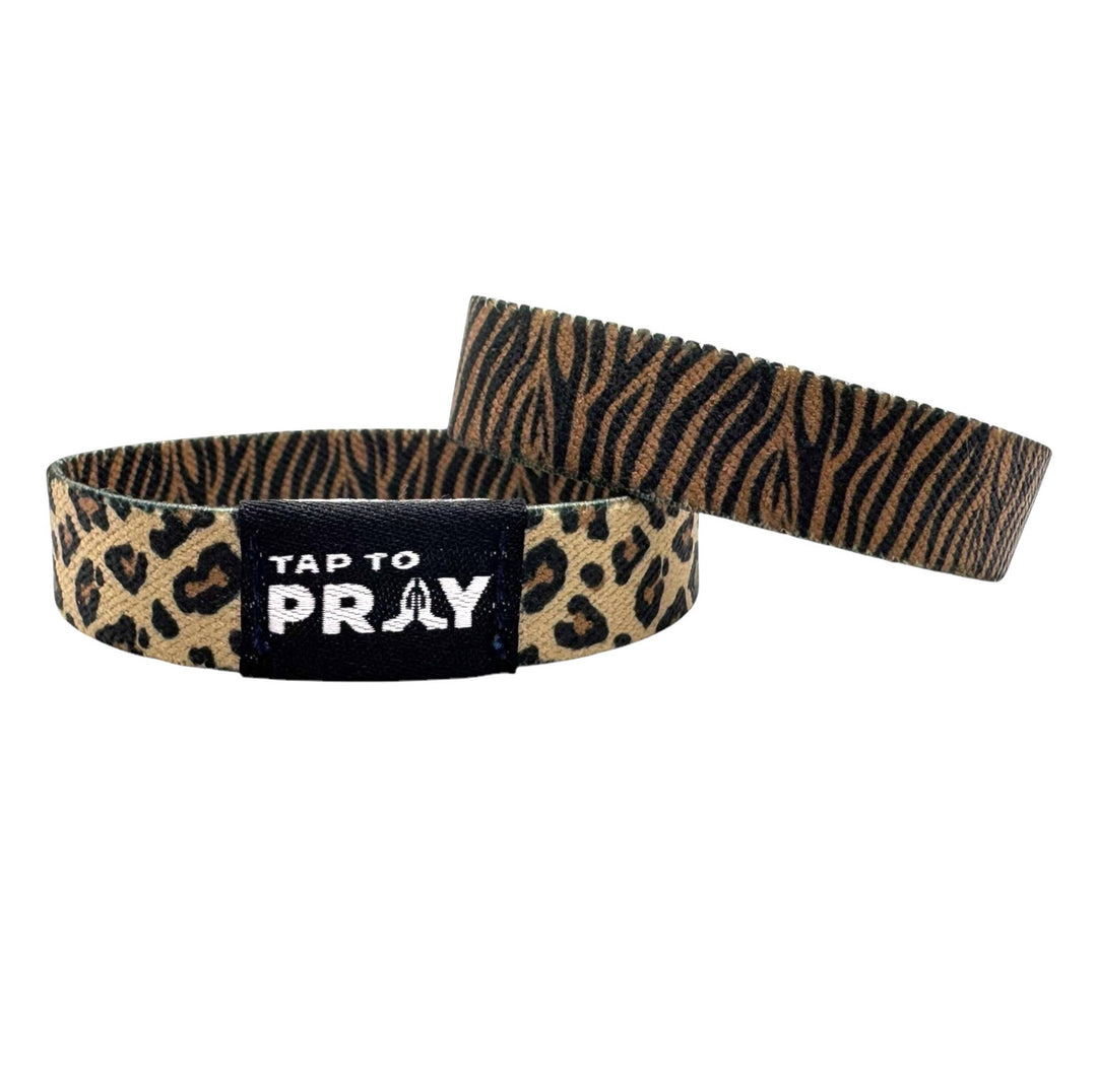 Safari Leopard Tap To Pray™ wristband with leopard print and prayer hands. Available in youth and adult sizes.