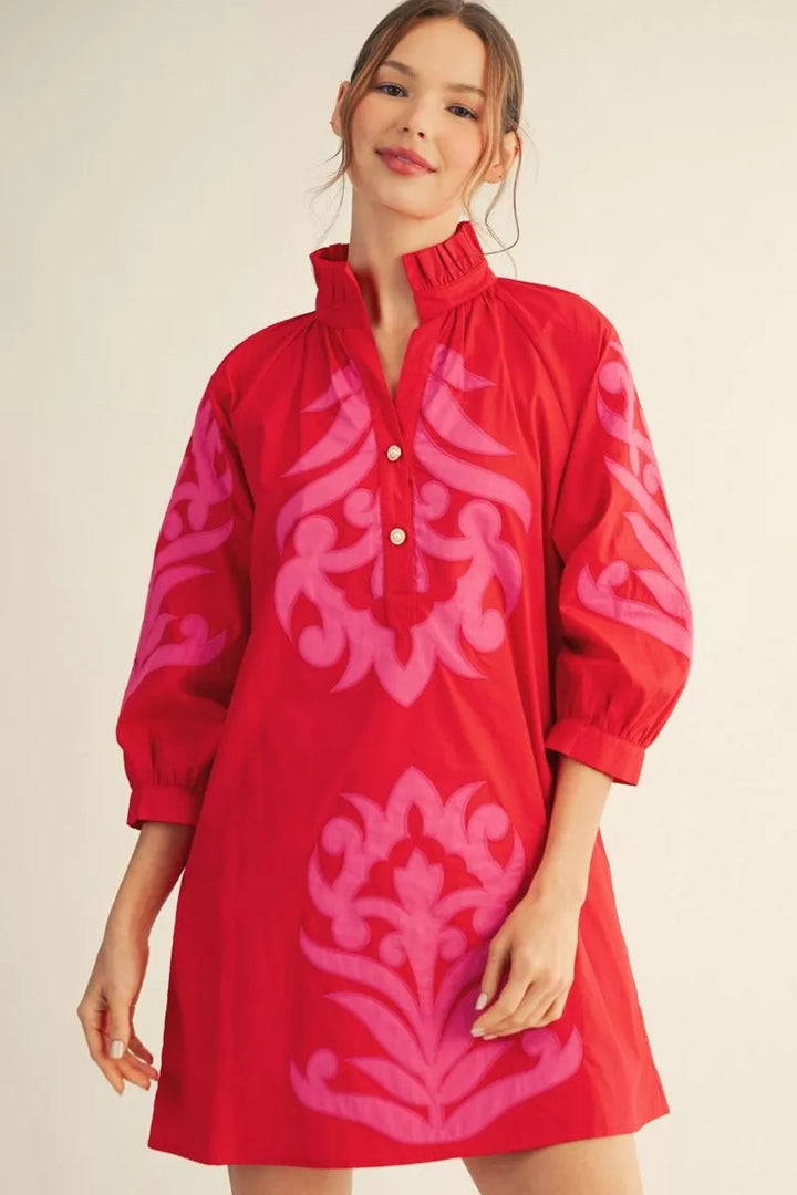 Baroque Floral Applique Shift Dress in red cotton with pink ornaments, ruffled collar, 3/4 sleeves, front buttons. Sizes XS-XL.
