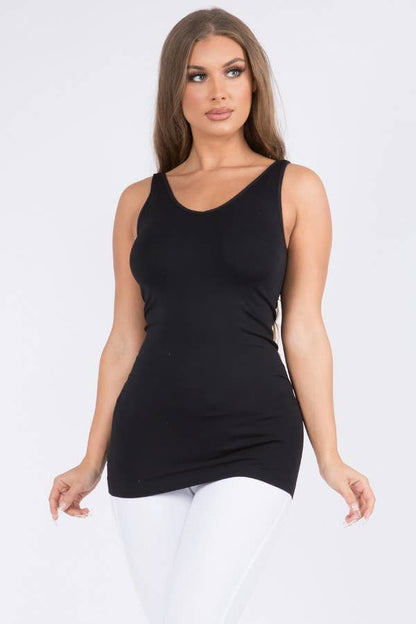 Reversible V or U Neckline Seamless Tank in black, buttery soft fabric, available in OS (One Size).