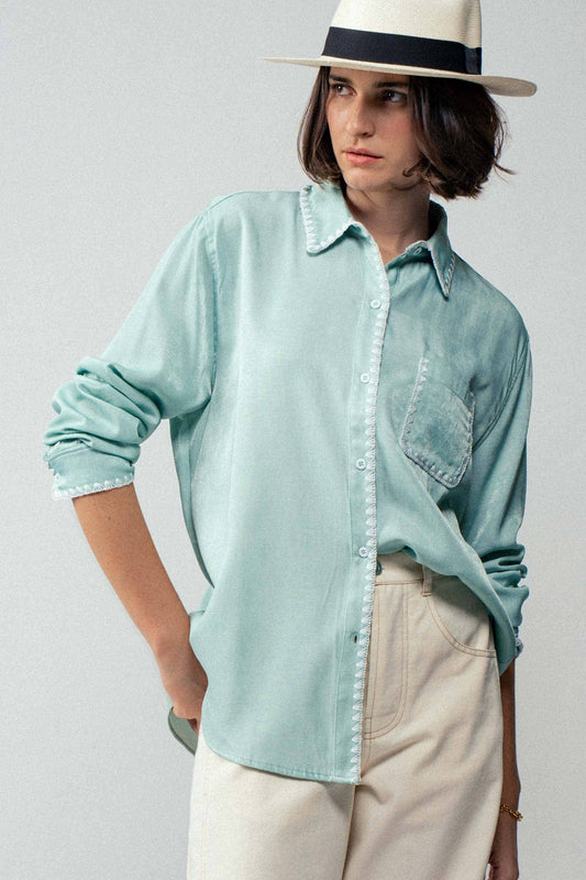 Sage Smooth Silk Long Sleeve Dress Shirt; sizes XS-XXL; features button front and relaxed fit.