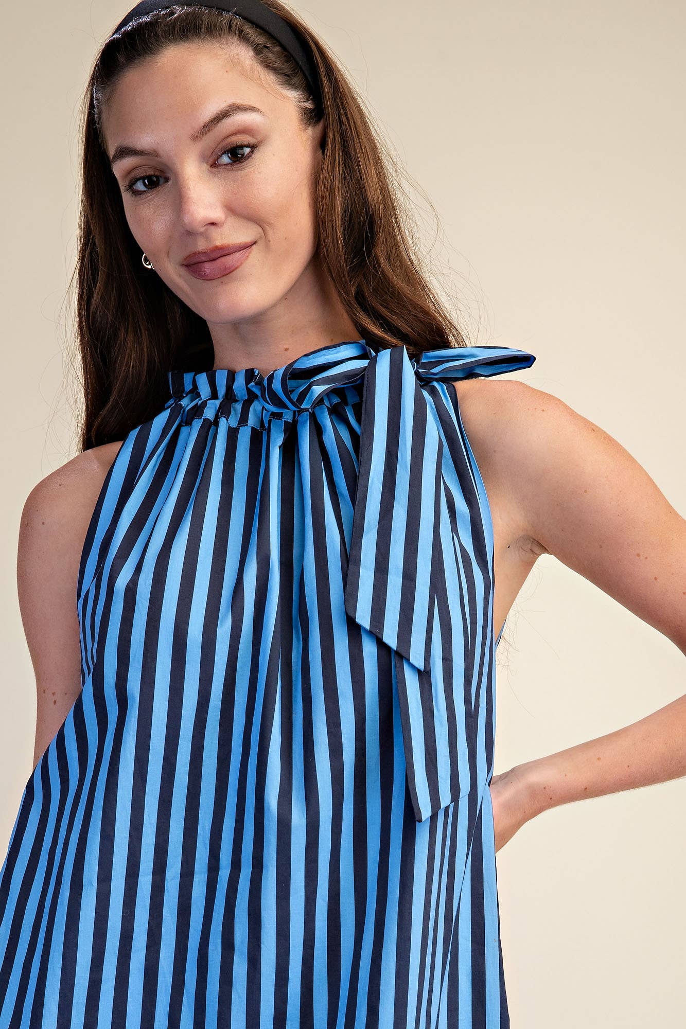 Stripe Midi Dress with Sleeveless Ruffle Neck Tie in navy. Available in sizes L and other sizes.
