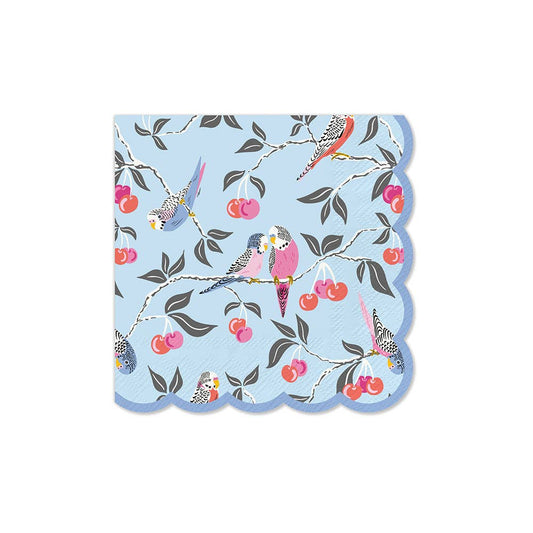 Birds in the Cherry Tree Scalloped Beverage Napkins; light blue edges, budgerigars, cherries. Available in 5"x5".