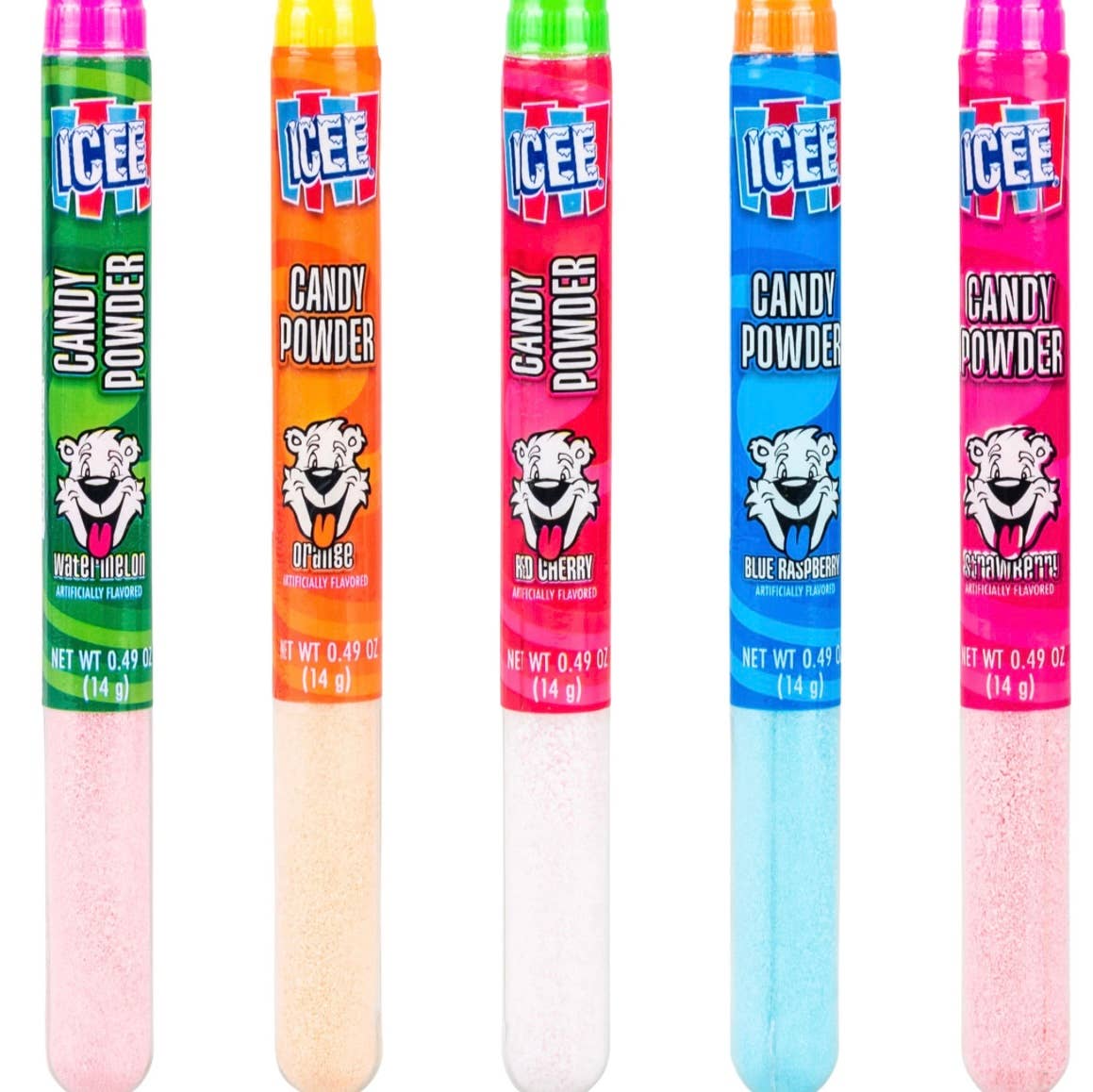 Set of five ICEE® Dips Candy Powder Tubes (0.92 oz each), in watermelon, orange, cherry, blue raspberry, and strawberry.