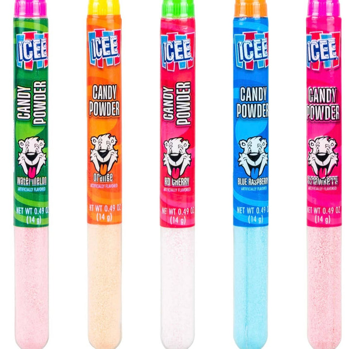 Set of five ICEE® Dips Candy Powder Tubes (0.92 oz each), in watermelon, orange, cherry, blue raspberry, and strawberry.