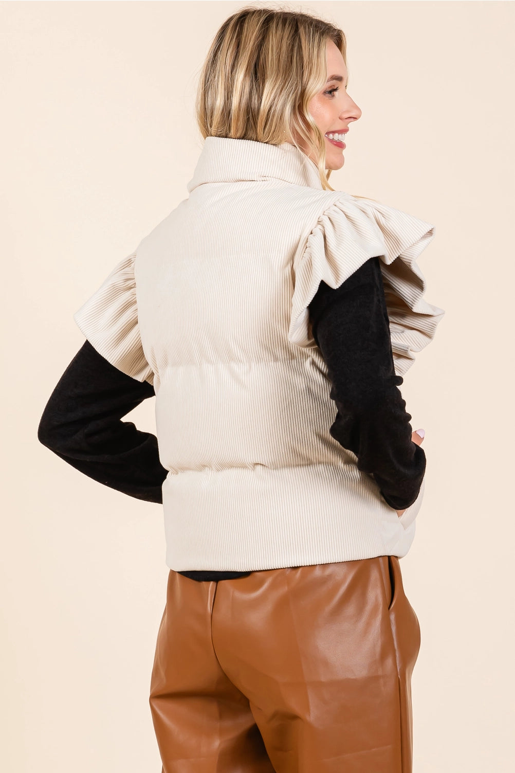 Cream Puff & Ruffle Corduroy Vest: A stylish vest for fall/winter with ruffled sleeves detail. Available sizes: XS, S, M, L, XL.