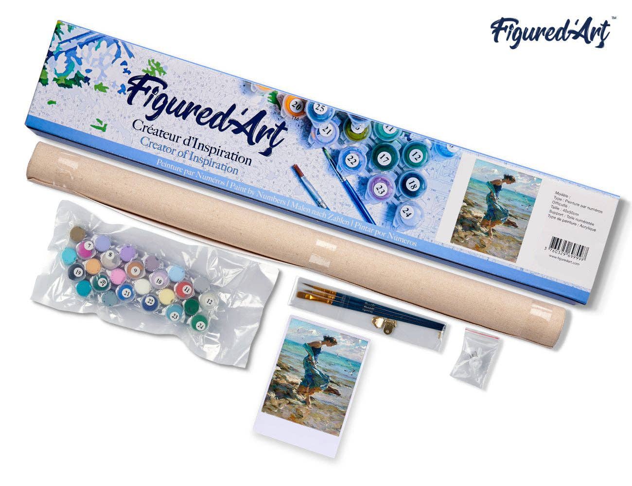 “Feet in Water During Summer” paint by numbers kit, 16"x20", includes canvas, paints, brushes, guide, and packaging.