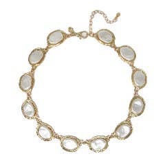 Chunky gold chain necklace with oval mother-of-pearl stones in textured bezels, adjustable clasp. Sizes available: S, M, L.