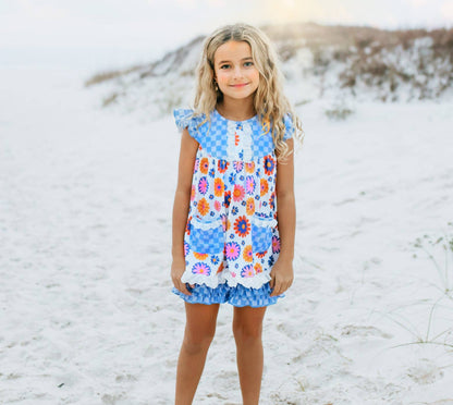 Girls Blue Check Flower Power Short Set with retro floral print, ruffled sleeves; available in sizes 2T-10.