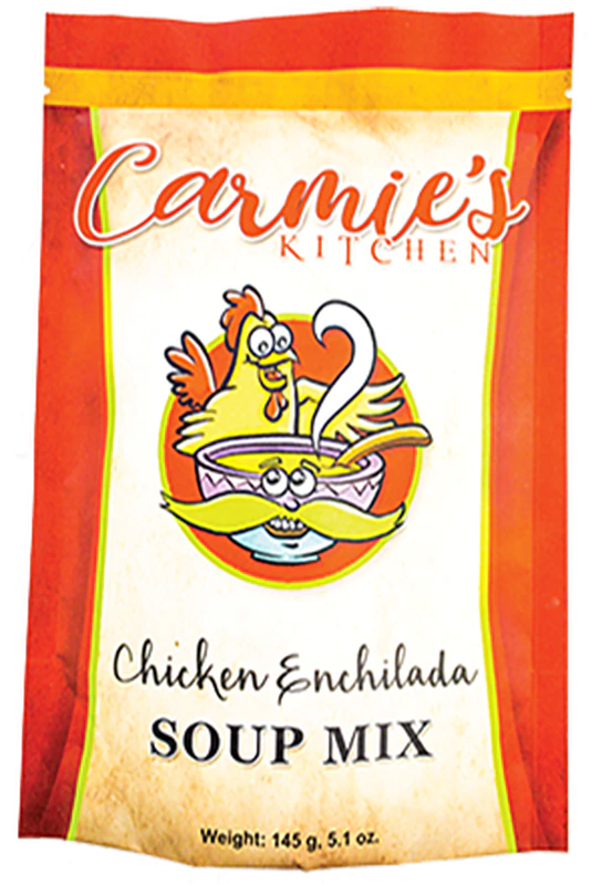 145g (5.1 oz) Chicken Enchilada Soup Mix in red, yellow, and orange packaging with a cartoon chicken and ladle.