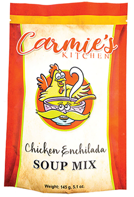 145g (5.1 oz) Chicken Enchilada Soup Mix in red, yellow, and orange packaging with a cartoon chicken and ladle.