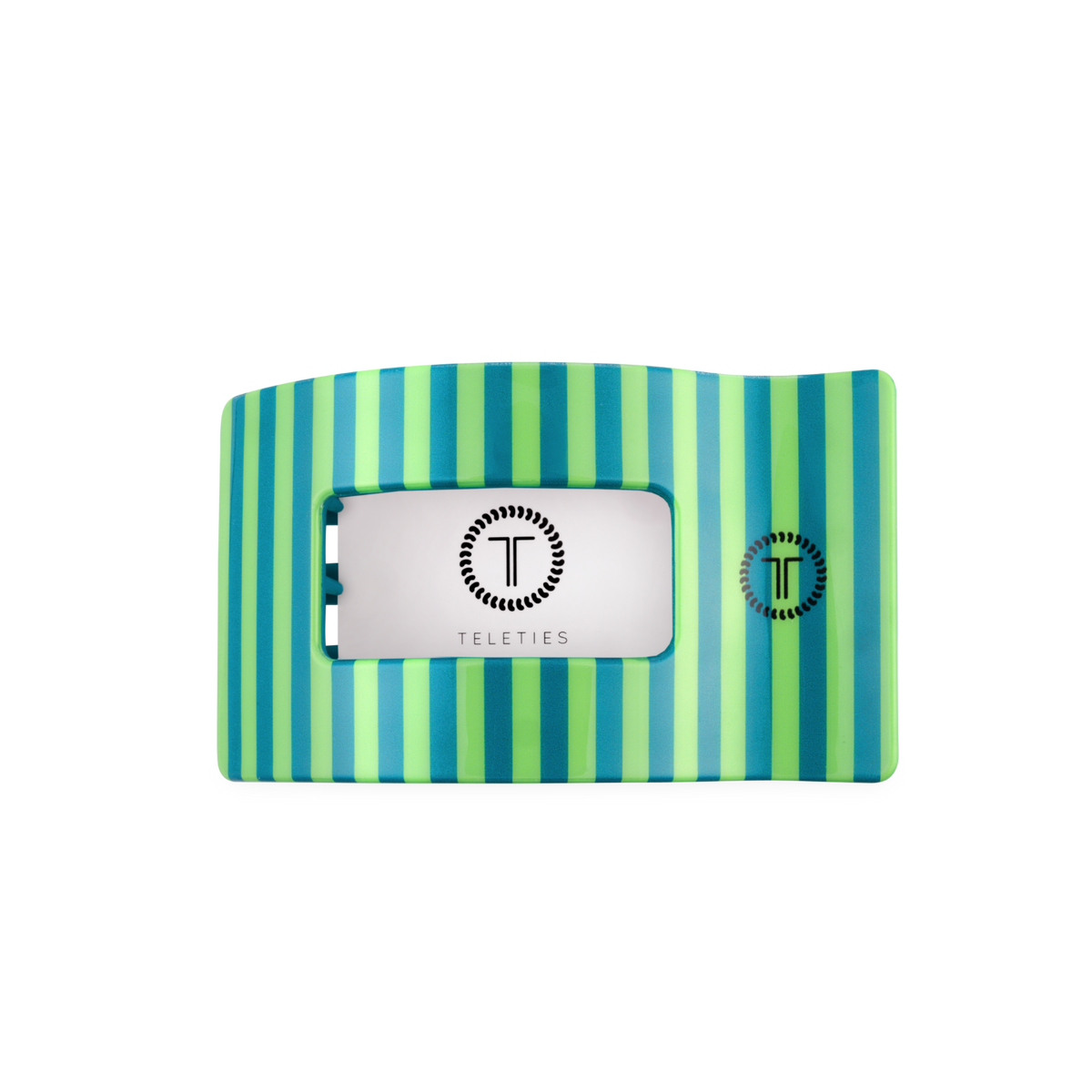 The Cabana Cutie Flat Rectangle Hair Clip is a medium-sized, rectangular hair clip with teal and green vertical stripes, a cut-out center, and the TELETIES logo in black on white.