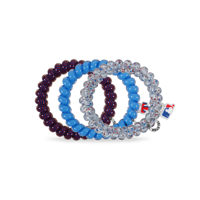 Three large Texas Rangers Spiral Hair Coils in dark red/navy, light blue, and clear/red-blue speckled. Size: Large.