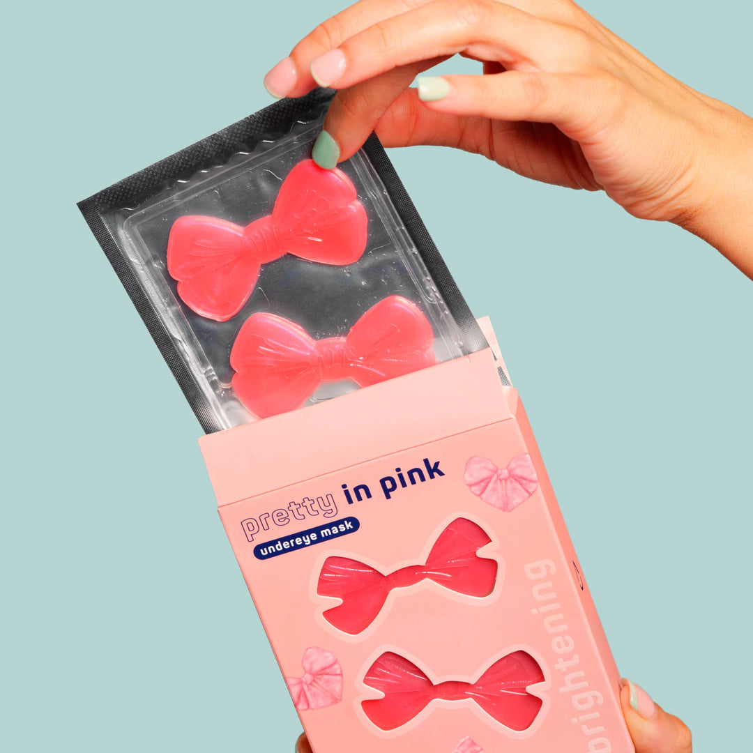 Pretty in Pink! Brightening Undereye Masks, Pack of 8. Rosewater-infused, pink bow-shaped. Available in single 8-pack size.