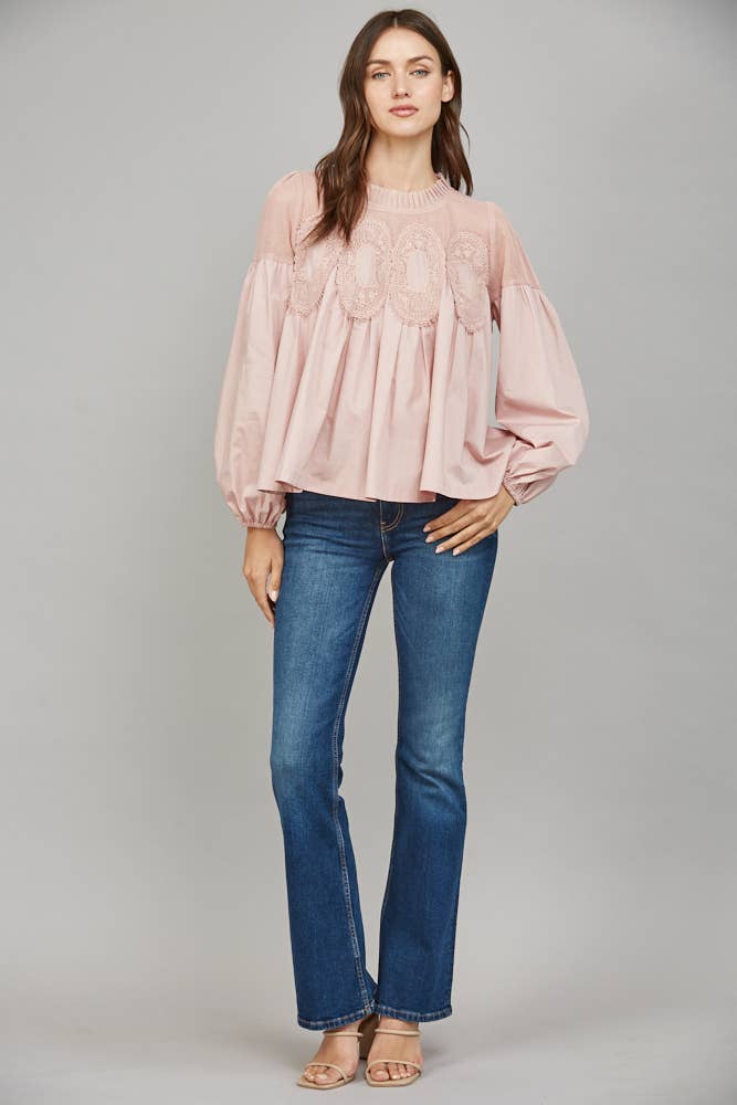 Lace Appliqué Detail Mixed Media Long Sleeve Blouse