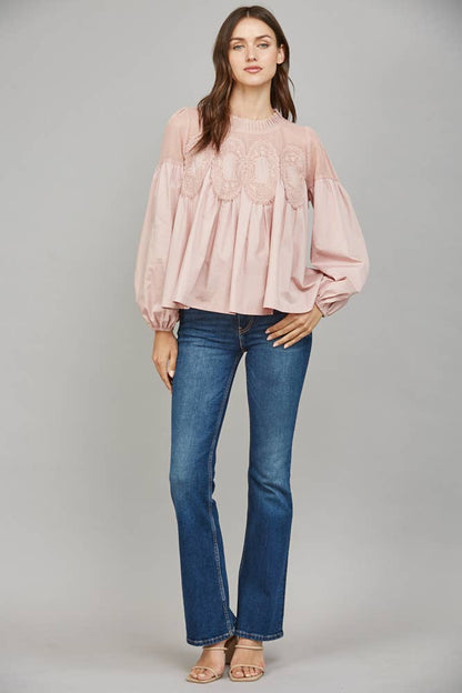 Lace Appliqué Detail Mixed Media Long Sleeve Blouse