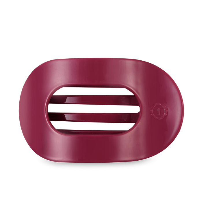 Maroon plastic oval TELETIES Flat Round Hair Clip with two horizontal center slits. Available in small, medium, and large sizes.