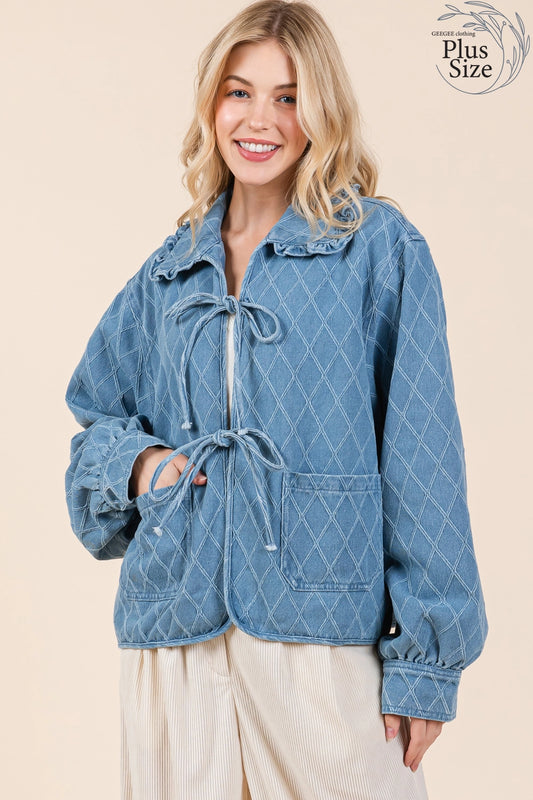 Quilted Denim Jacket in light blue with bow ties. Sizes: Plus Size.