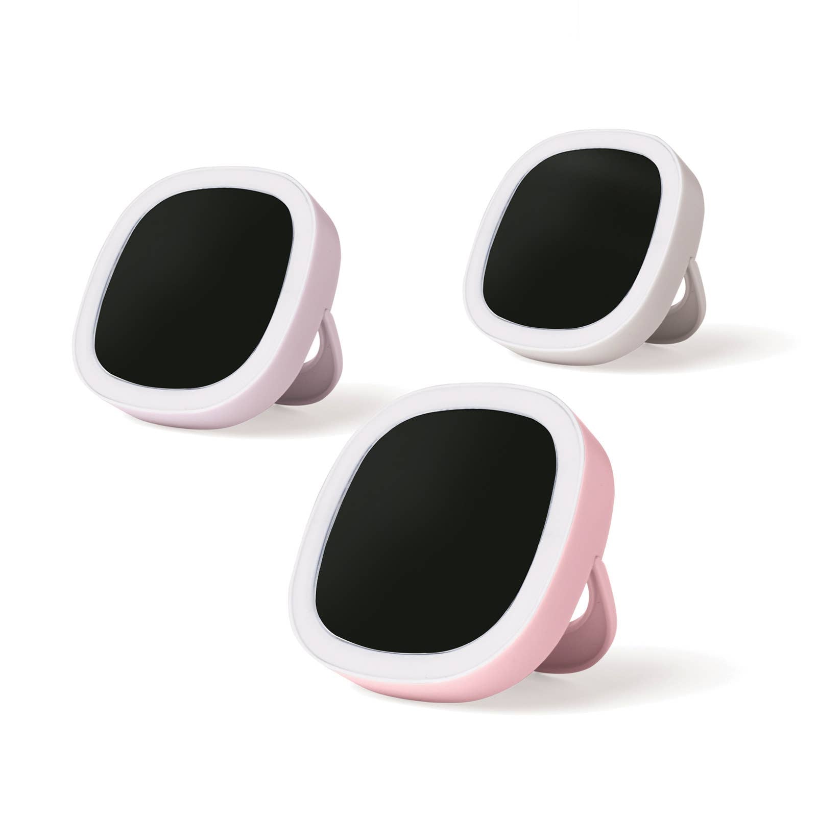 The product consists of three Lemon Lavender LED Light Up Mini Mirrors. Each mirror features a unique oval design with a sleek black screen. The mirrors are arranged diagonally and have the capability to light up, providing adequate but soothing lighting. Each mirror is situated on its own and doesn't share its space with any other products. This product comes in one standardized size only.