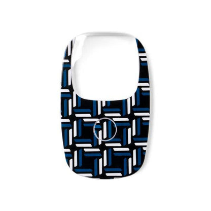 Rectangular pocket LED magnifier with rounded top, large opening, circular slit, and geometric black, white, and blue woven pattern. Available in multiple sizes.