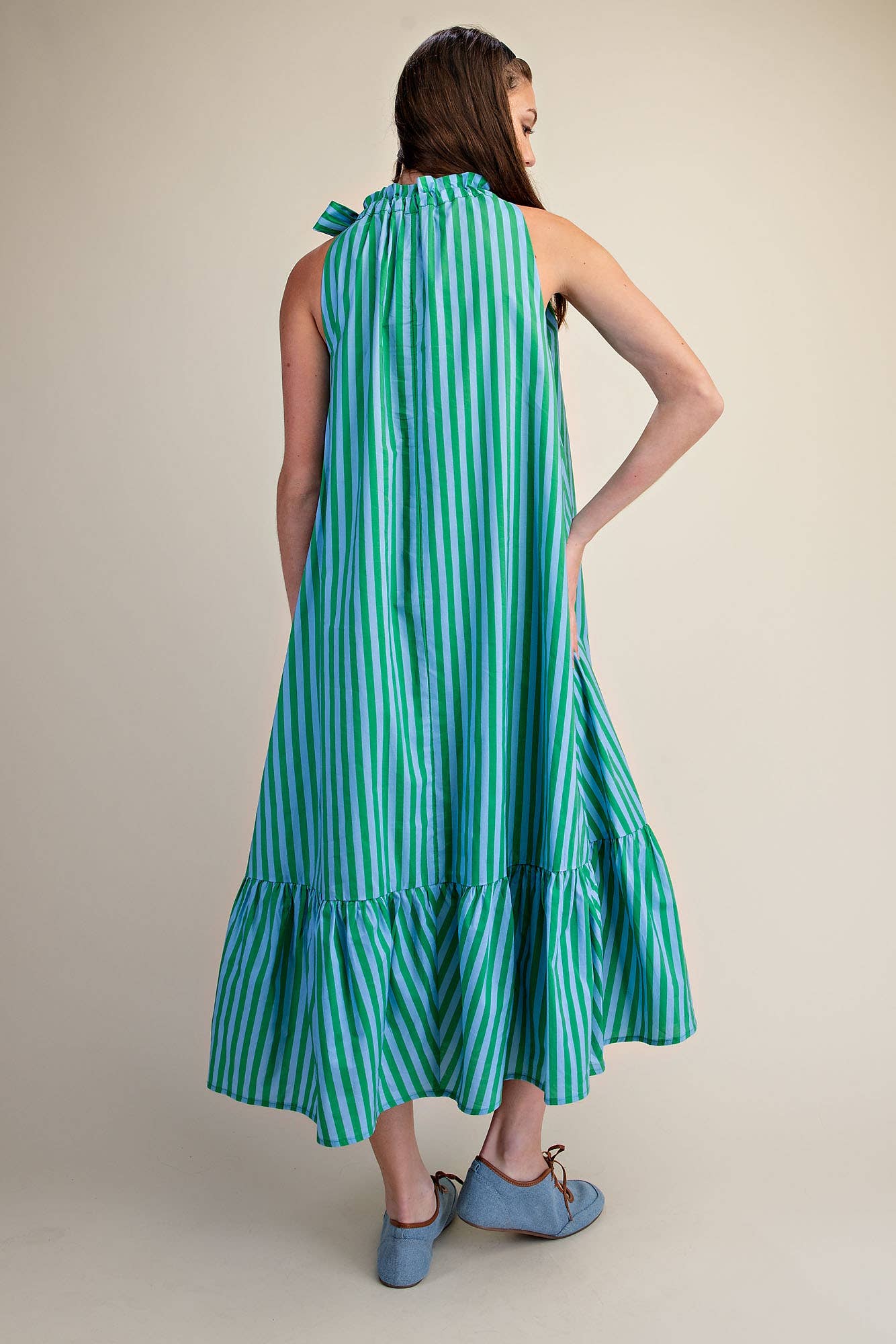 Stripe Midi Dress With Sleeveless Ruffle Neck Tie in navy; midi length; available in sizes including L.