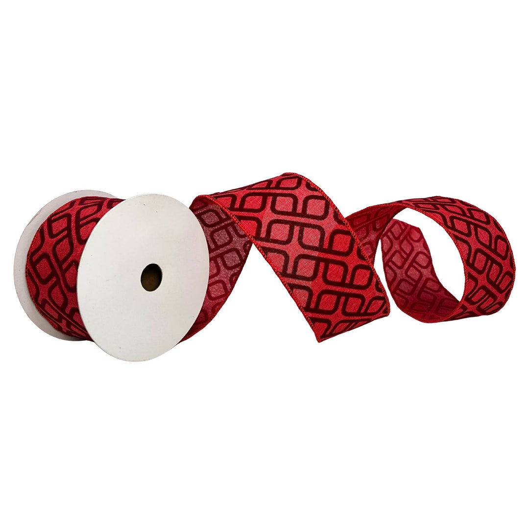 Brick Red ribbon with black flocked geometric pattern, 2.5″ x 10yd.