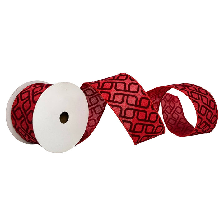 Brick Red ribbon with black flocked geometric pattern, 2.5″ x 10yd.