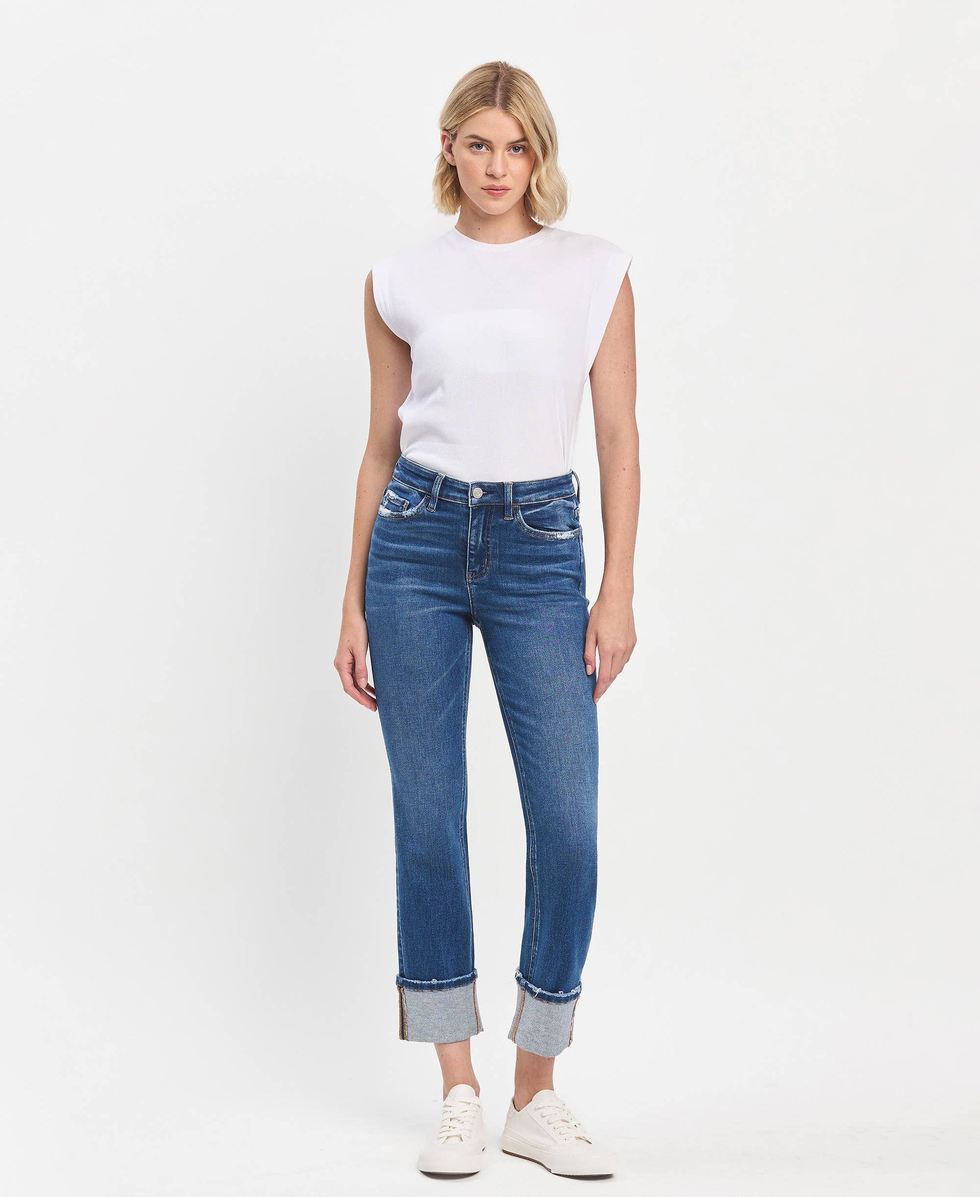 High Rise Cuffed Slim Straight Blue Jeans shown; available in sizes 24–32.